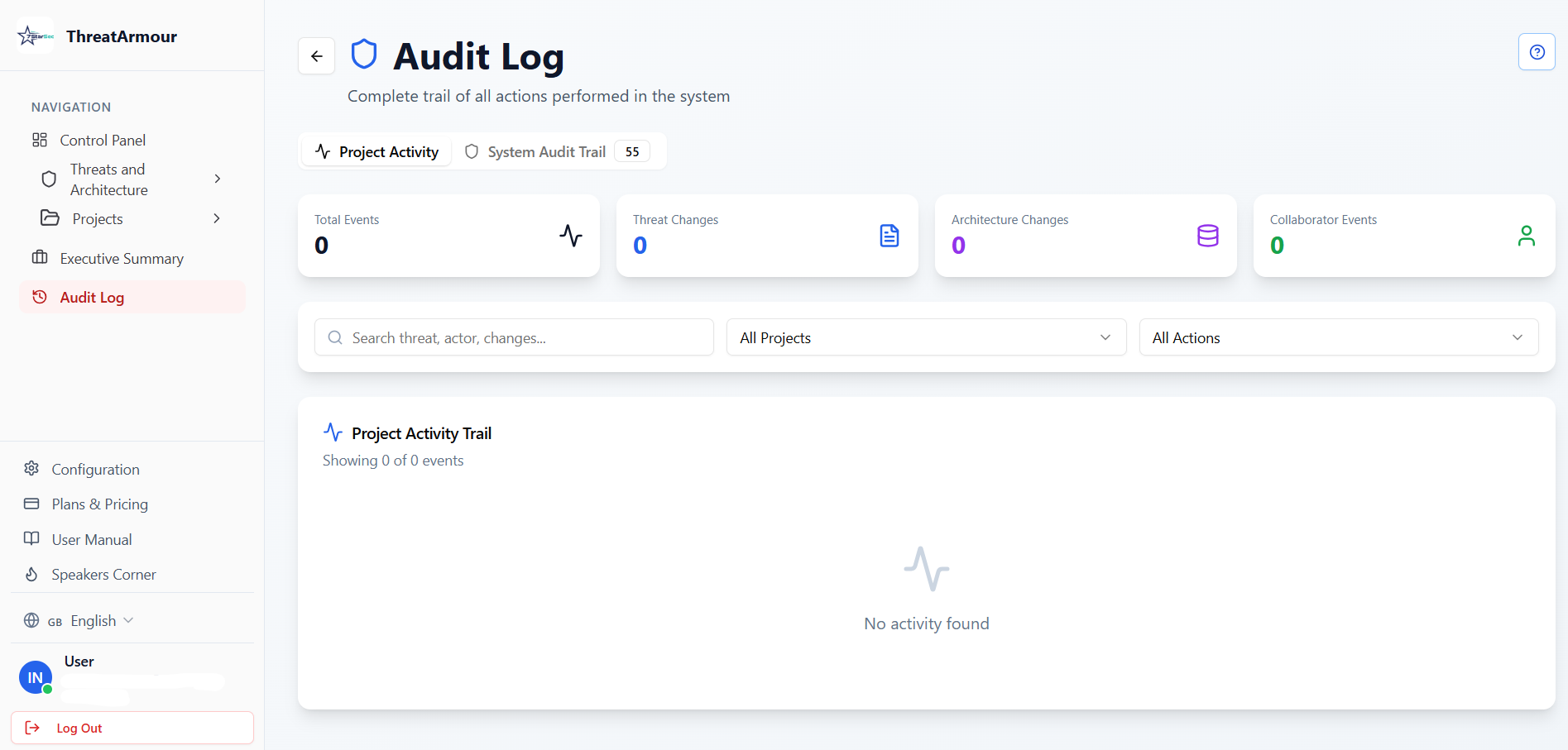 SynThreat audit log with the complete trail of actions performed in the system